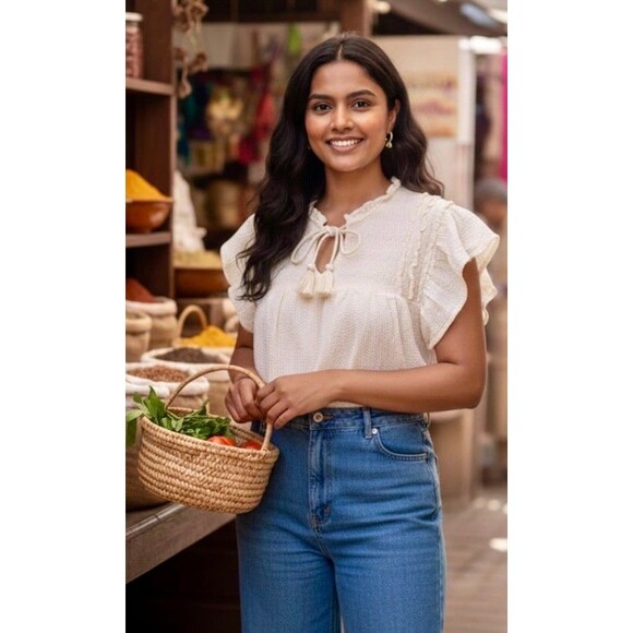 THML Tops - THML Anthro Butter Yellow Seersucker Smocked Tassel Flutter Sleeve Top XL